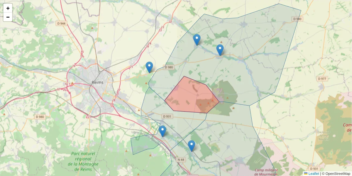 Carte de la zone du code postal  et des codes postaux voisins en France