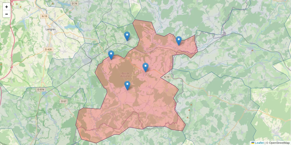 Carte de la zone du code postal  et des codes postaux voisins en France