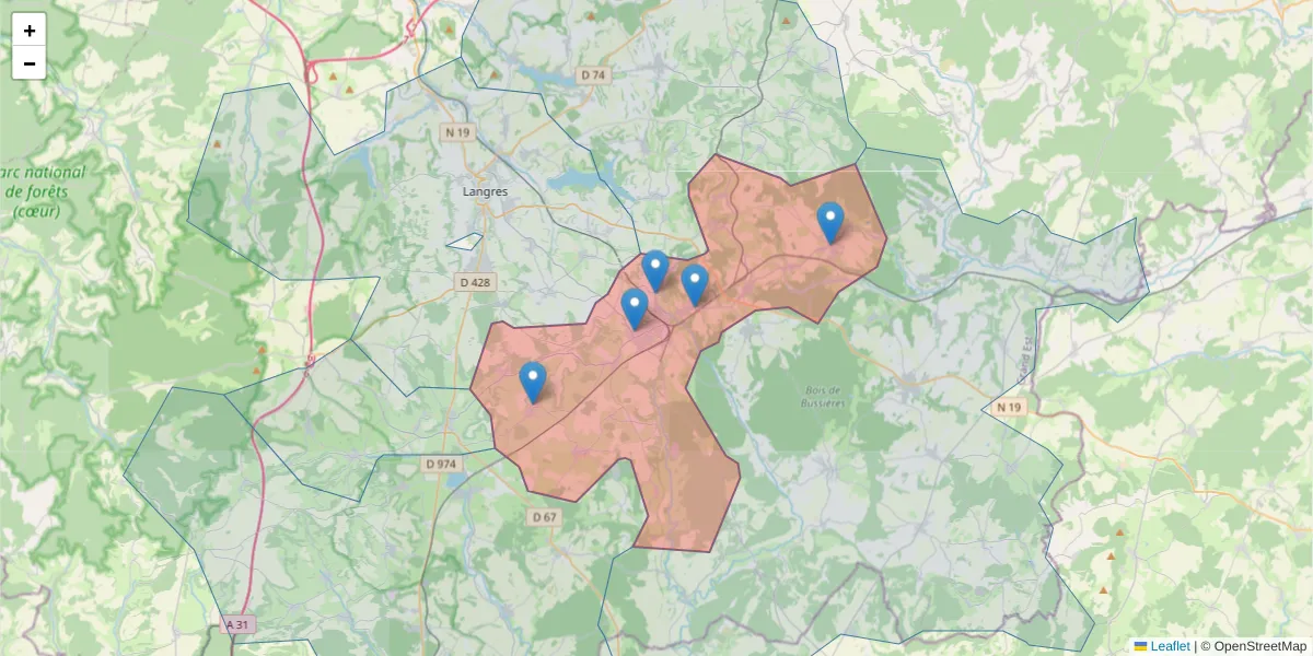 Carte de la zone du code postal  et des codes postaux voisins en France