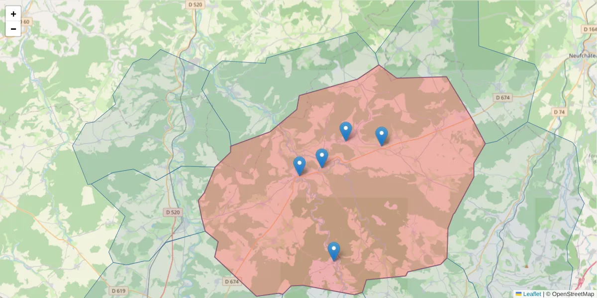 Carte de la zone du code postal  et des codes postaux voisins en France
