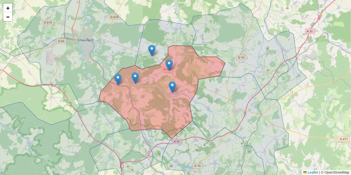 Carte de la zone du code postal  et des codes postaux voisins en France