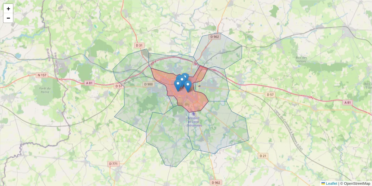 Carte de la zone du code postal  et des codes postaux voisins en France