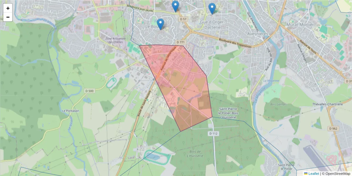 Carte de la zone du code postal  et des codes postaux voisins en France