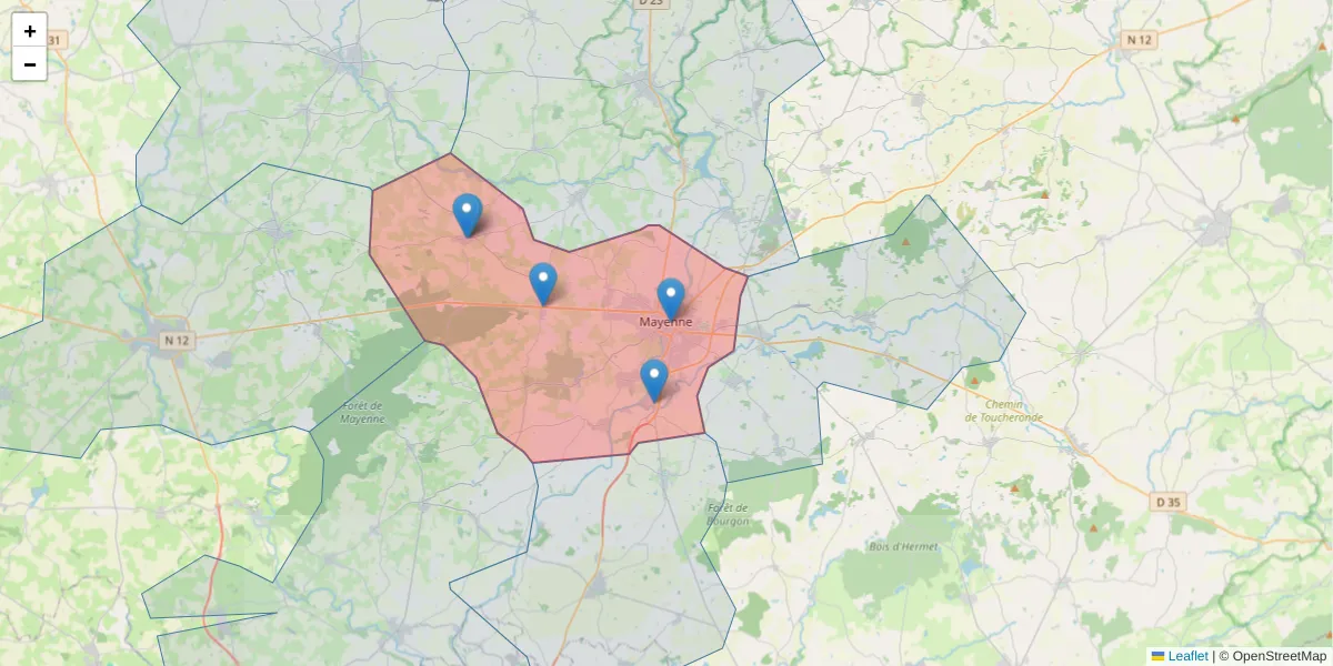 Carte de la zone du code postal  et des codes postaux voisins en France