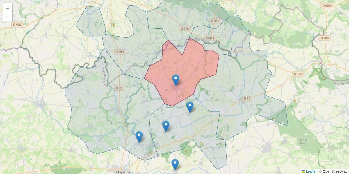 Carte de la zone du code postal  et des codes postaux voisins en France