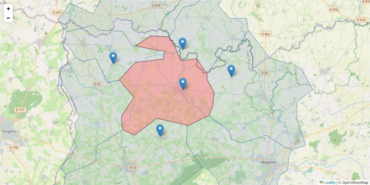 Carte de la zone du code postal  et des codes postaux voisins en France