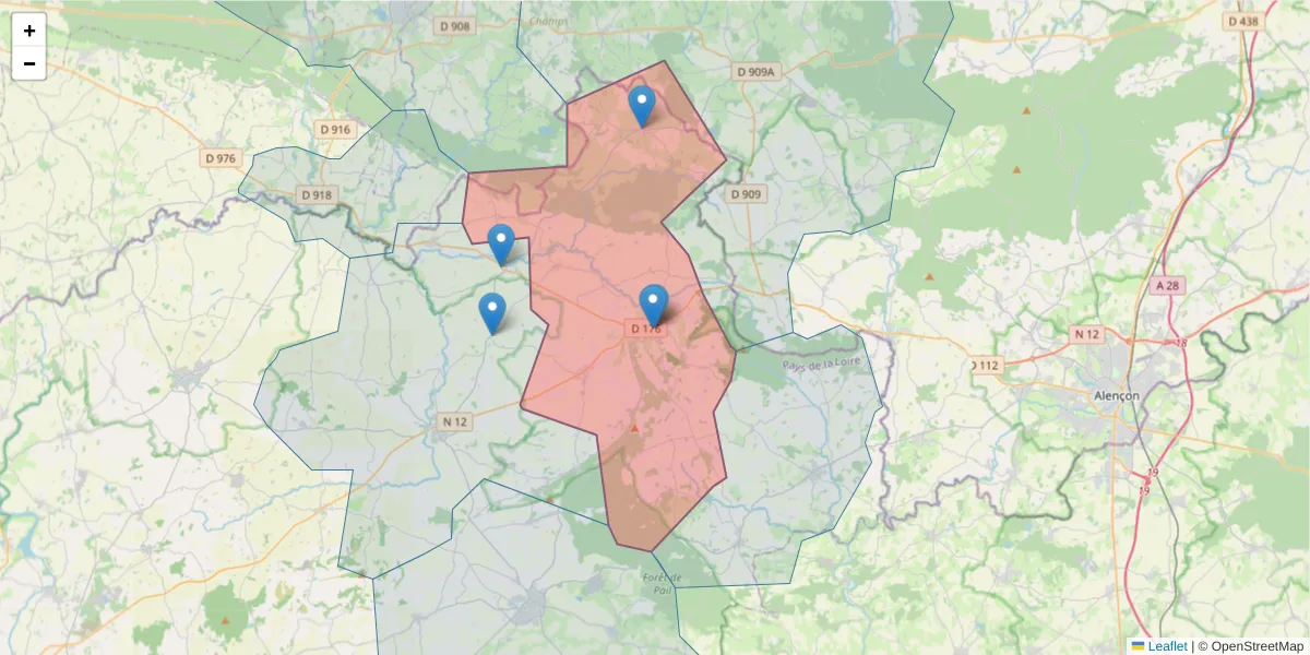 Carte de la zone du code postal  et des codes postaux voisins en France