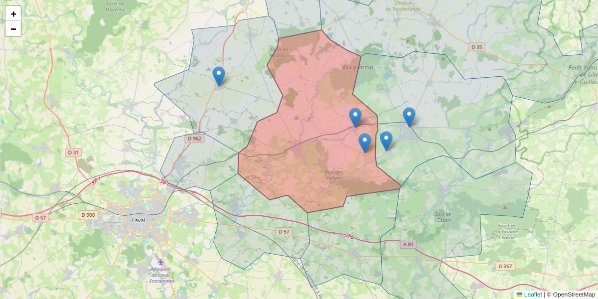 Carte de la zone du code postal  et des codes postaux voisins en France