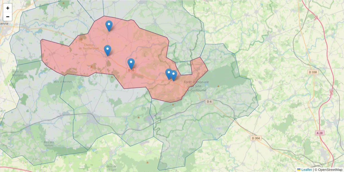 Carte de la zone du code postal  et des codes postaux voisins en France