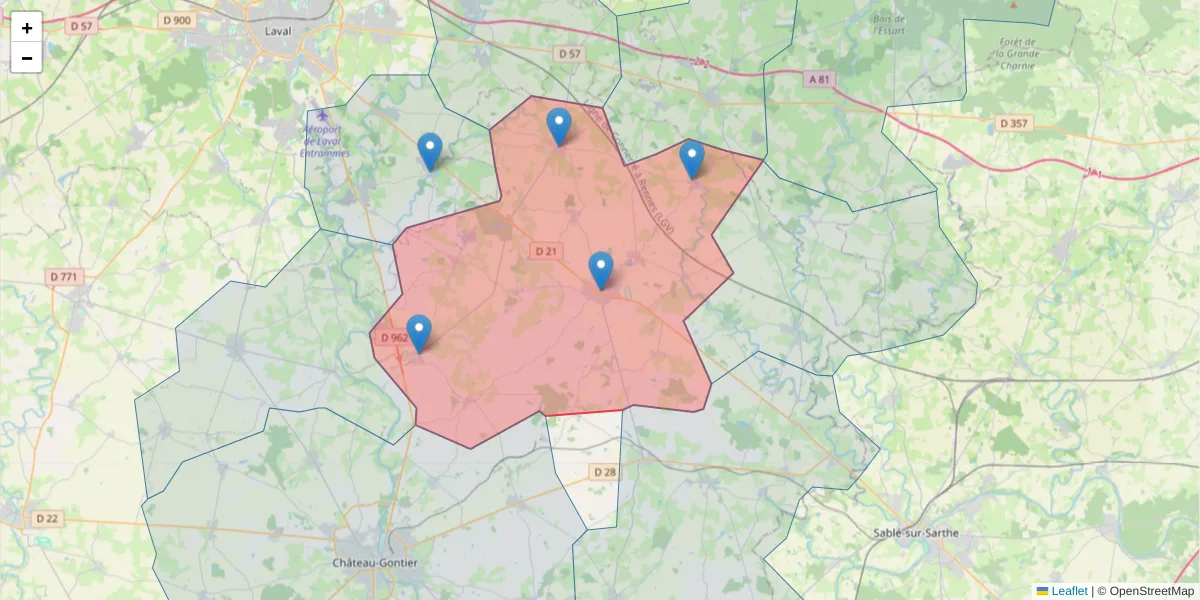 Carte de la zone du code postal  et des codes postaux voisins en France