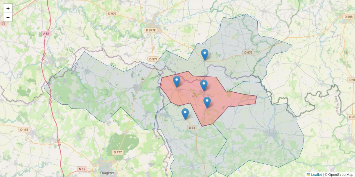 Carte de la zone du code postal  et des codes postaux voisins en France