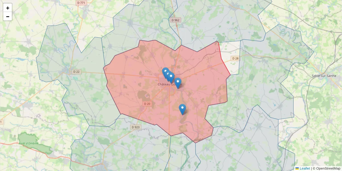 Carte de la zone du code postal  et des codes postaux voisins en France