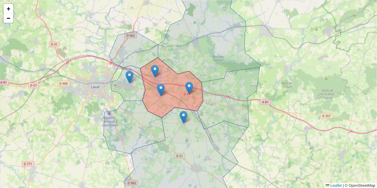 Carte de la zone du code postal  et des codes postaux voisins en France