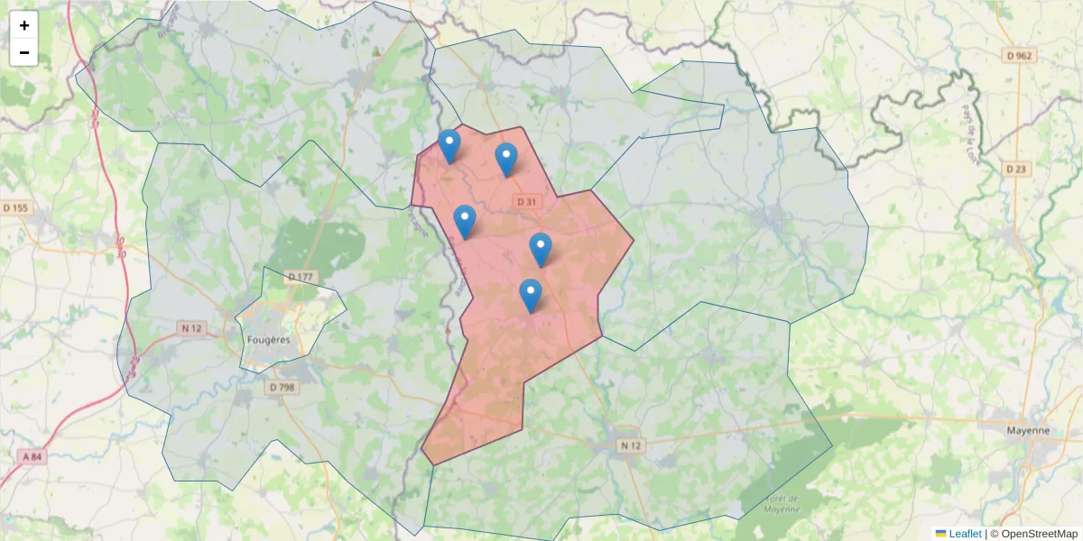 Carte de la zone du code postal  et des codes postaux voisins en France