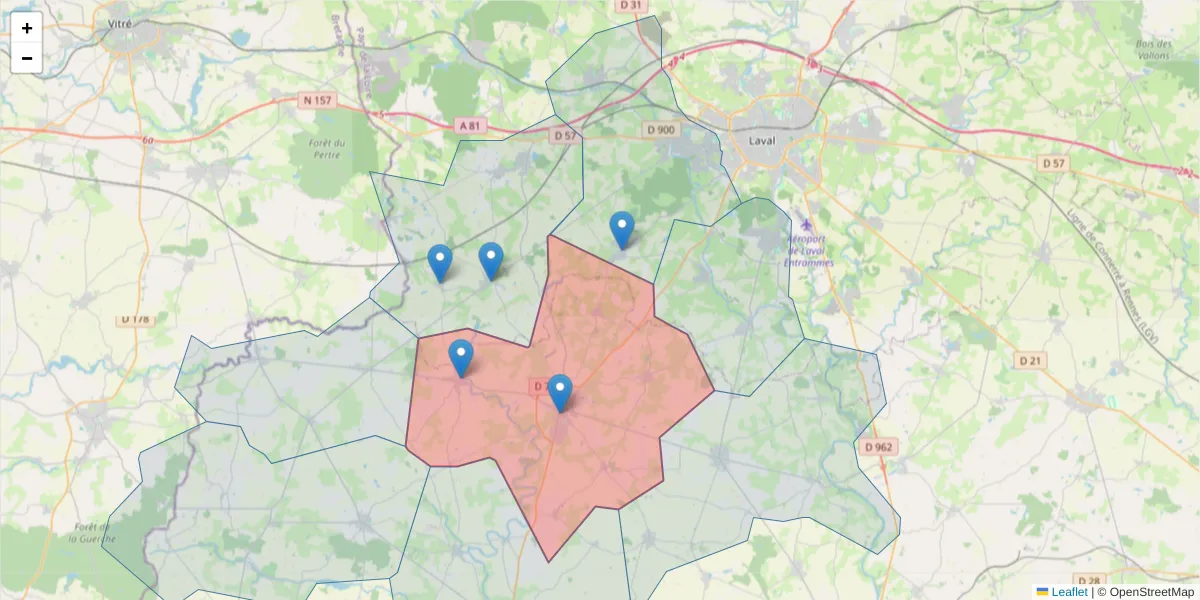 Carte de la zone du code postal  et des codes postaux voisins en France
