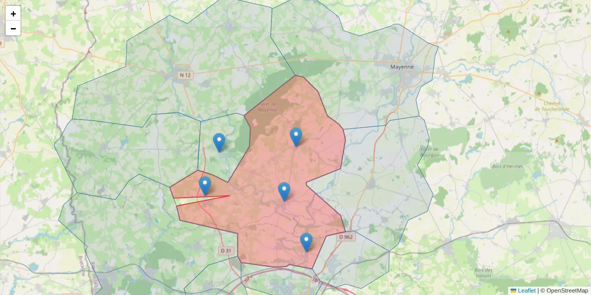 Carte de la zone du code postal  et des codes postaux voisins en France