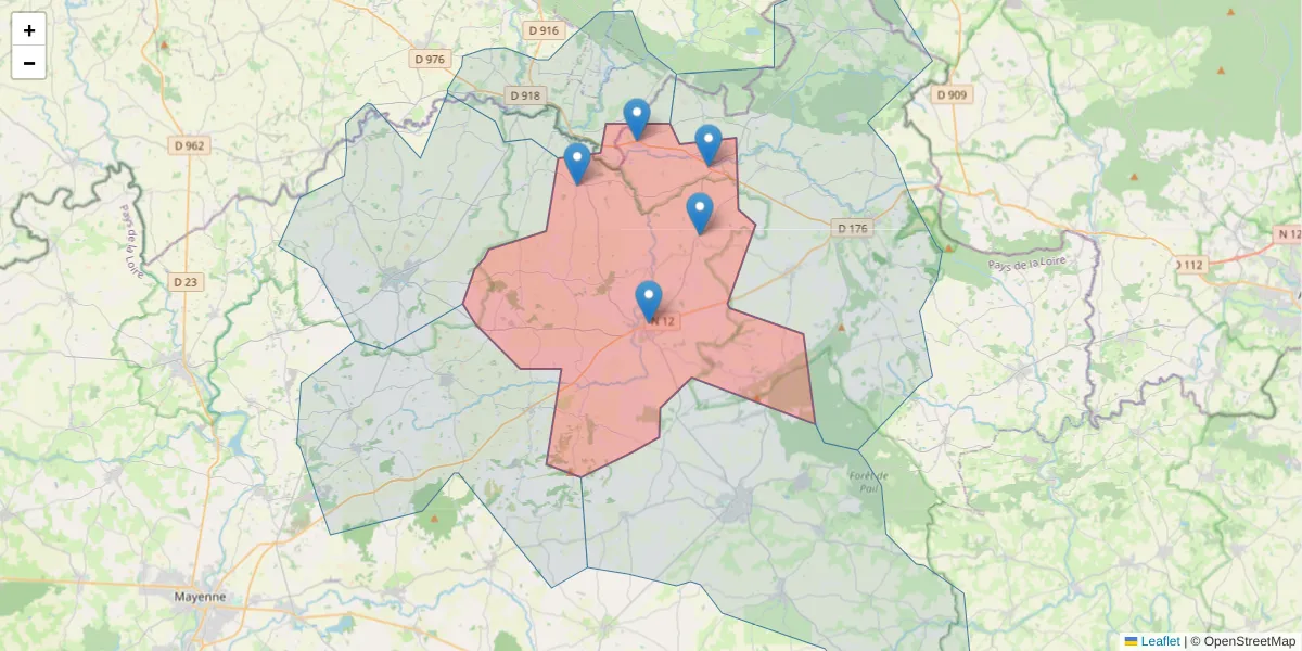 Carte de la zone du code postal  et des codes postaux voisins en France