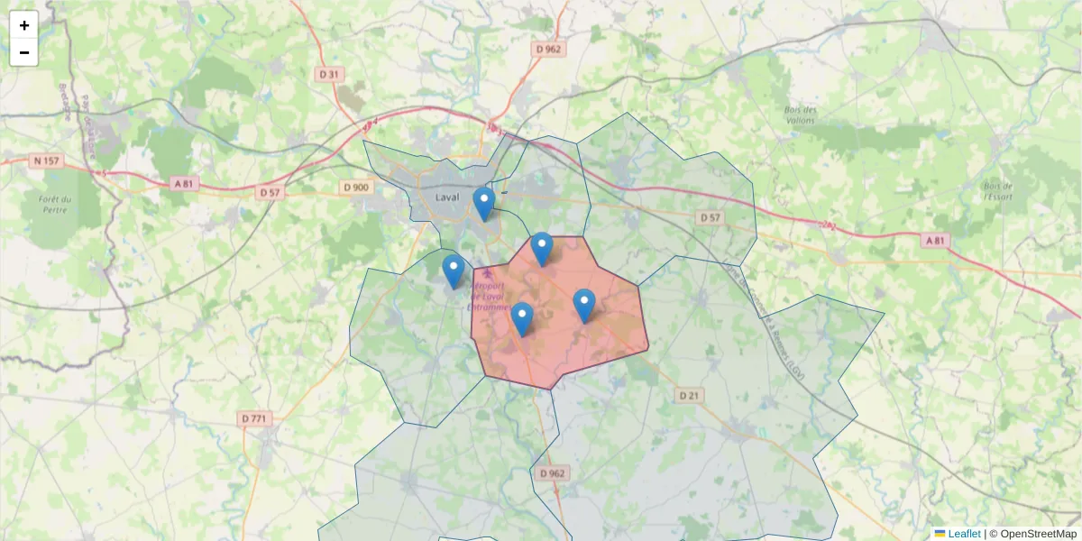 Carte de la zone du code postal  et des codes postaux voisins en France