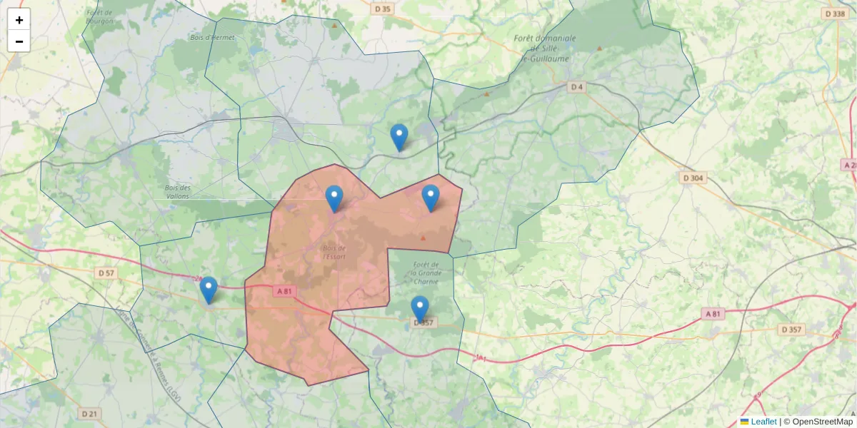 Carte de la zone du code postal  et des codes postaux voisins en France