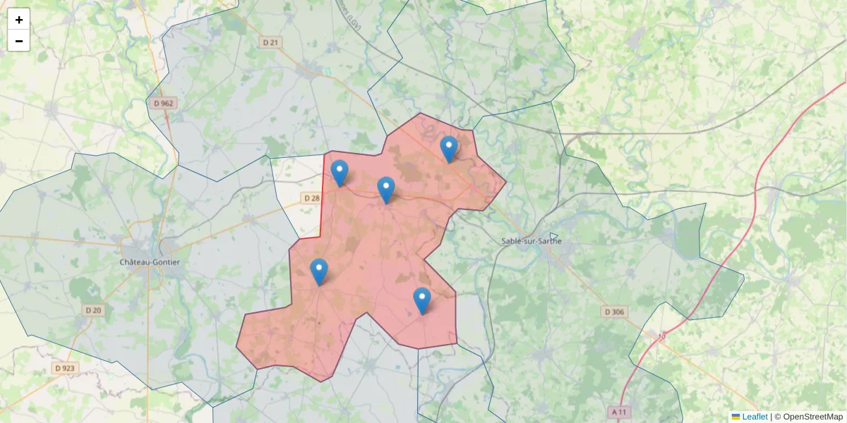 Carte de la zone du code postal  et des codes postaux voisins en France