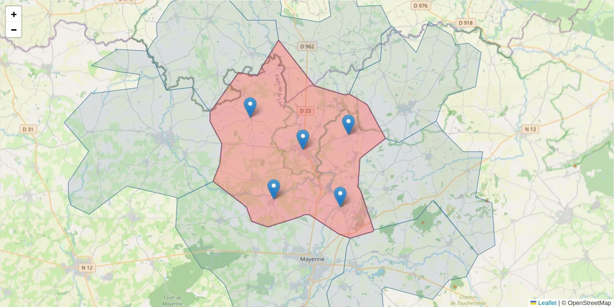Carte de la zone du code postal  et des codes postaux voisins en France