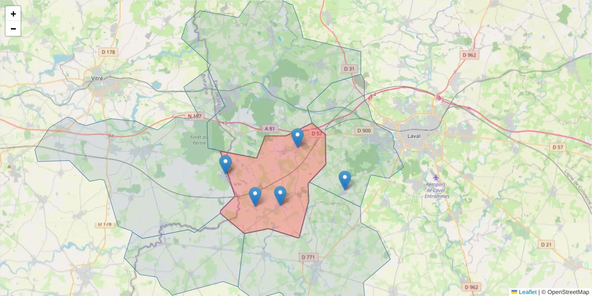 Carte de la zone du code postal  et des codes postaux voisins en France
