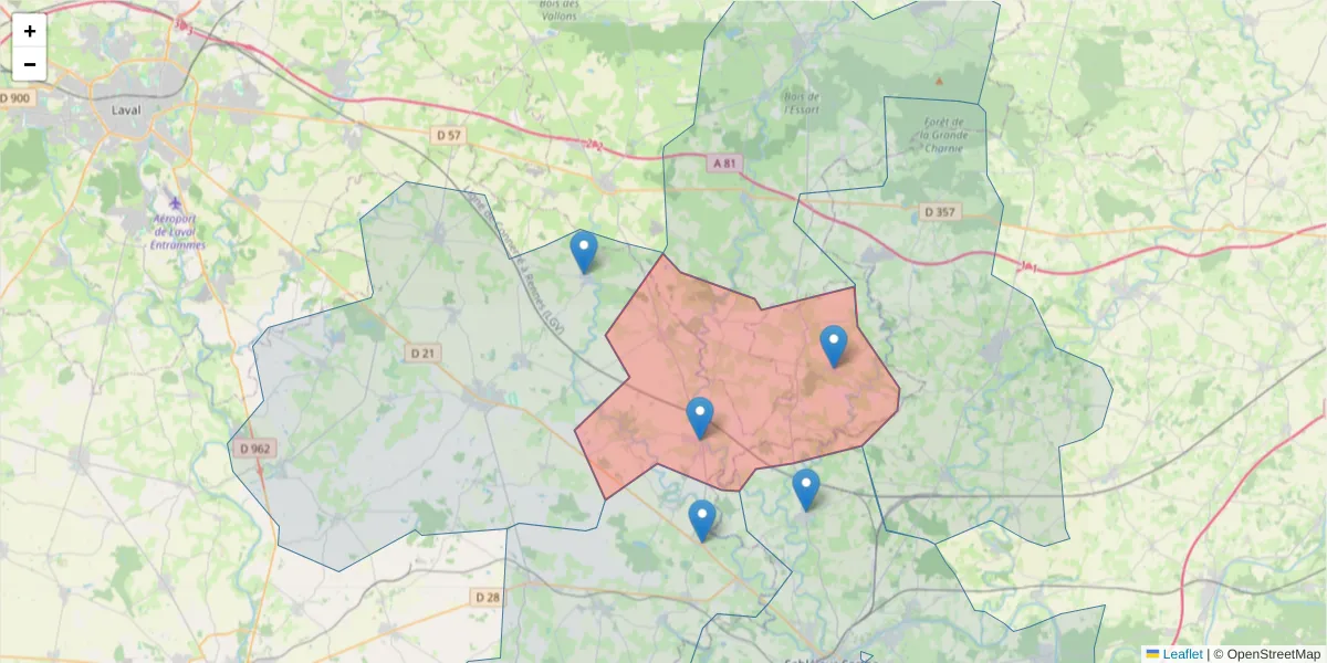 Carte de la zone du code postal  et des codes postaux voisins en France