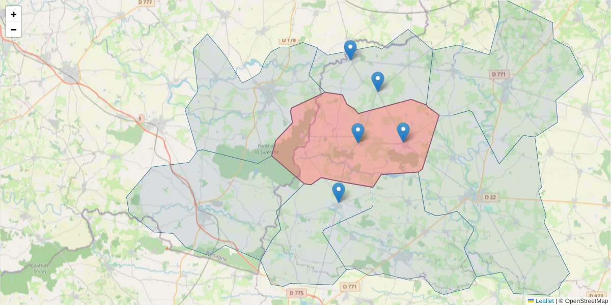 Carte de la zone du code postal  et des codes postaux voisins en France