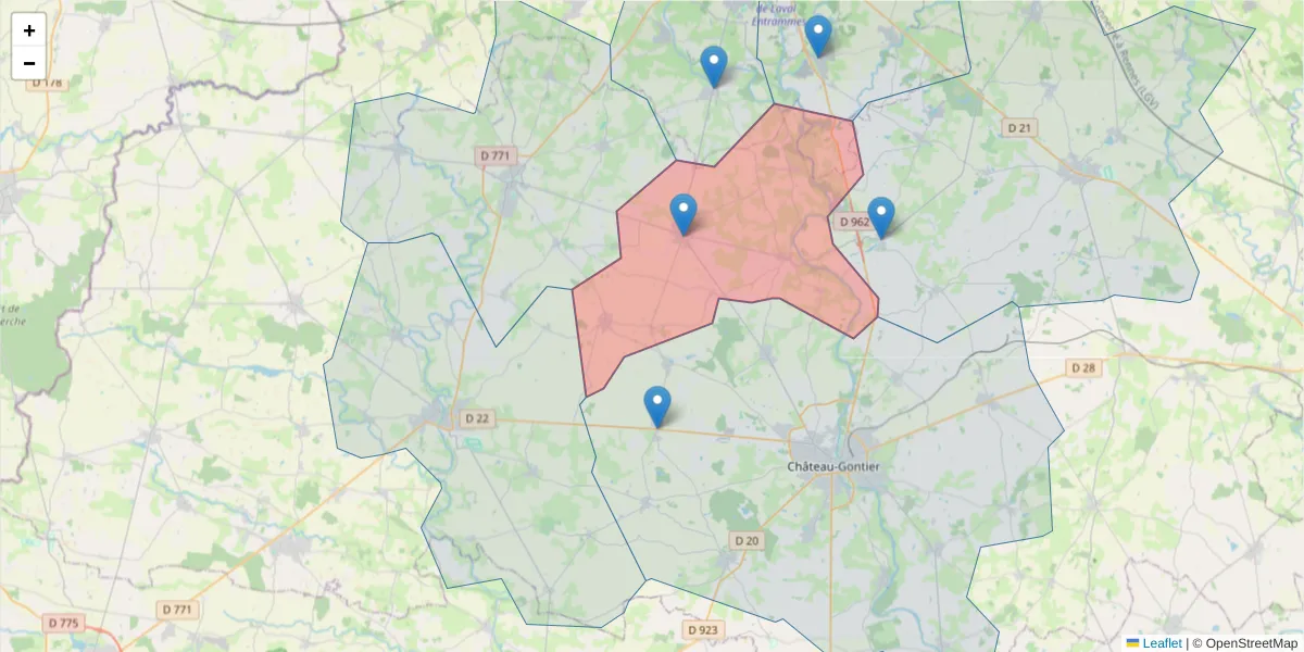 Carte de la zone du code postal  et des codes postaux voisins en France