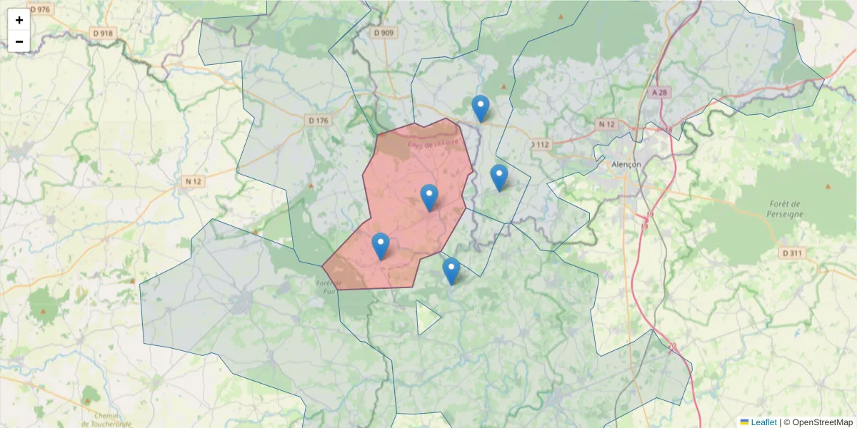 Carte de la zone du code postal  et des codes postaux voisins en France