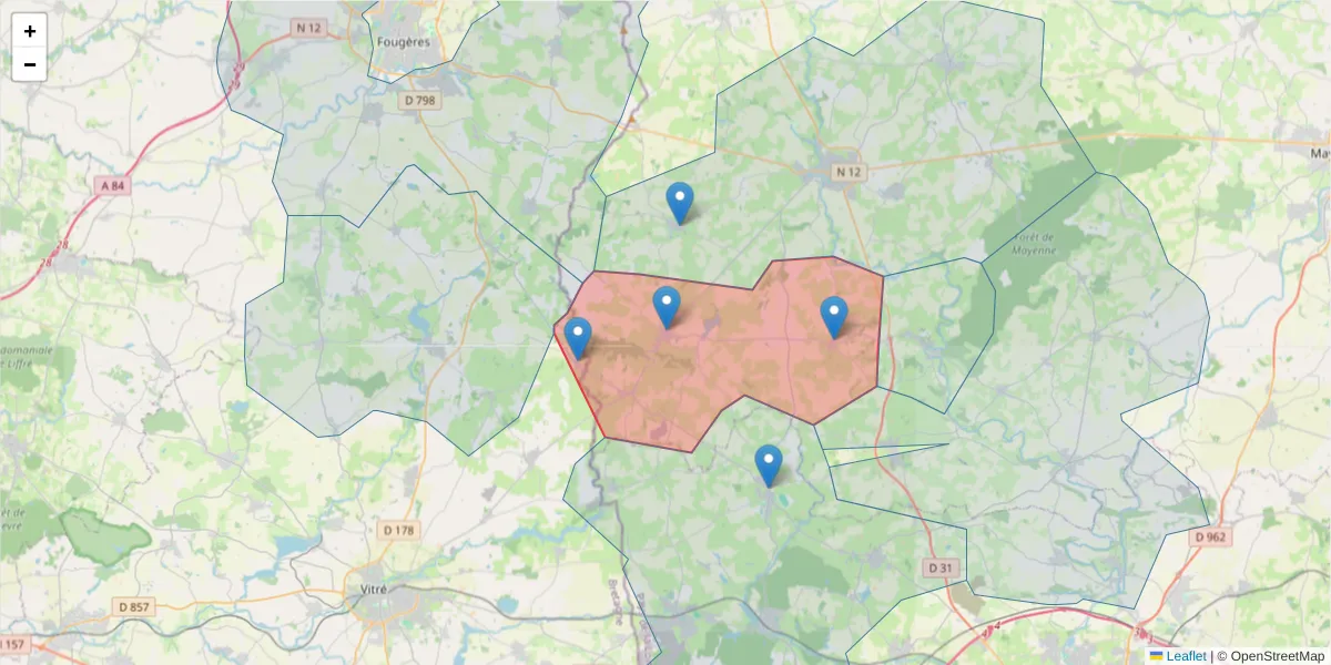 Carte de la zone du code postal  et des codes postaux voisins en France