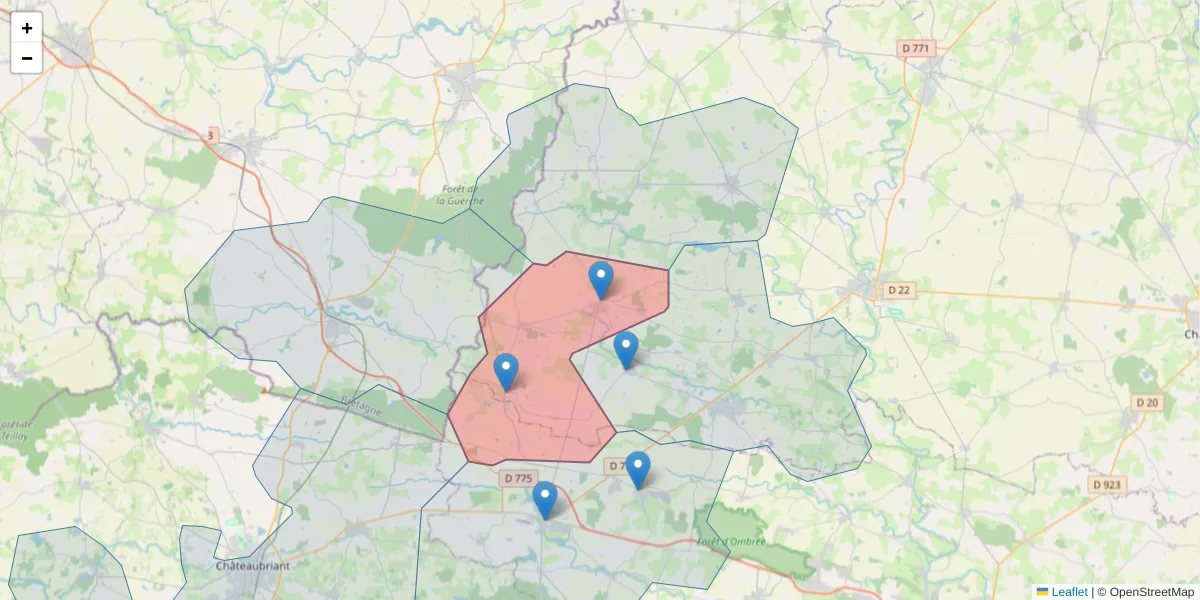 Carte de la zone du code postal  et des codes postaux voisins en France