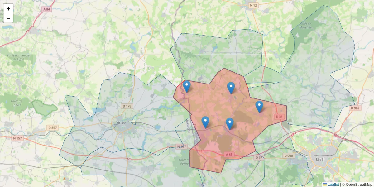 Carte de la zone du code postal  et des codes postaux voisins en France