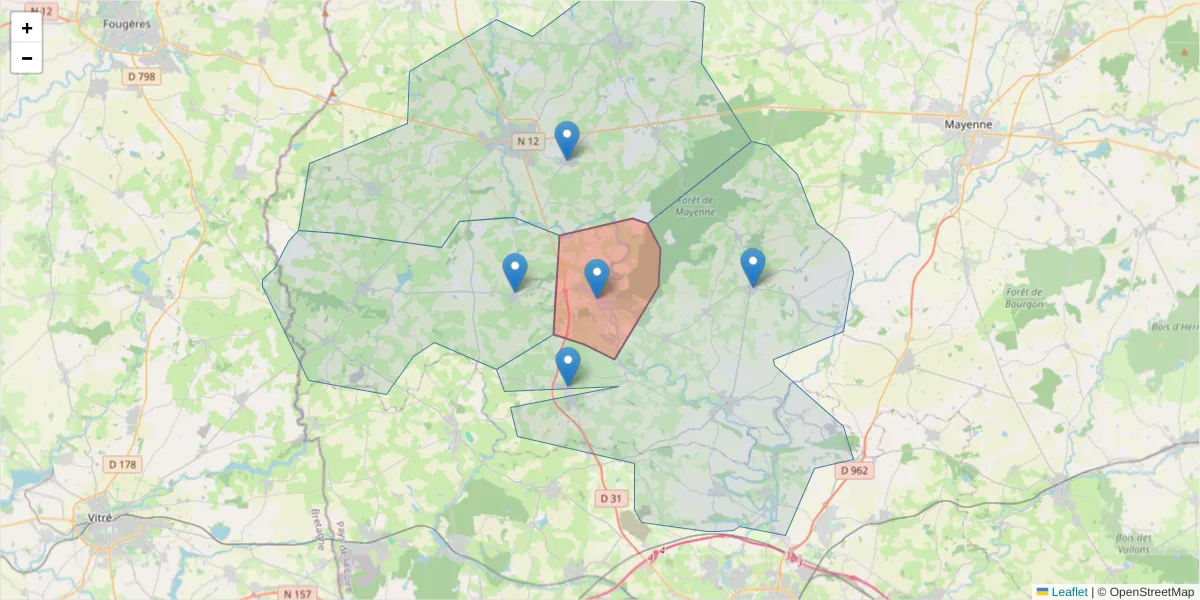 Carte de la zone du code postal  et des codes postaux voisins en France