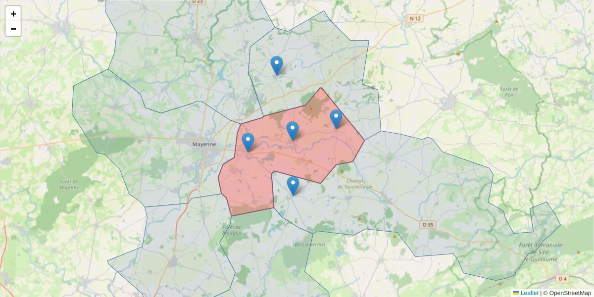 Carte de la zone du code postal  et des codes postaux voisins en France