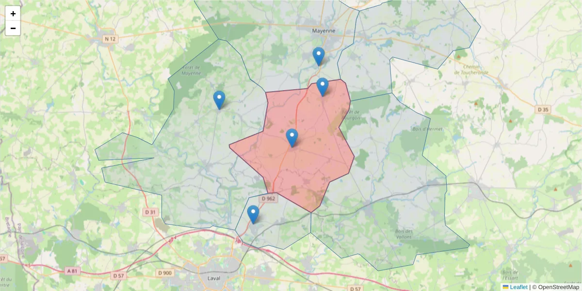 Carte de la zone du code postal  et des codes postaux voisins en France