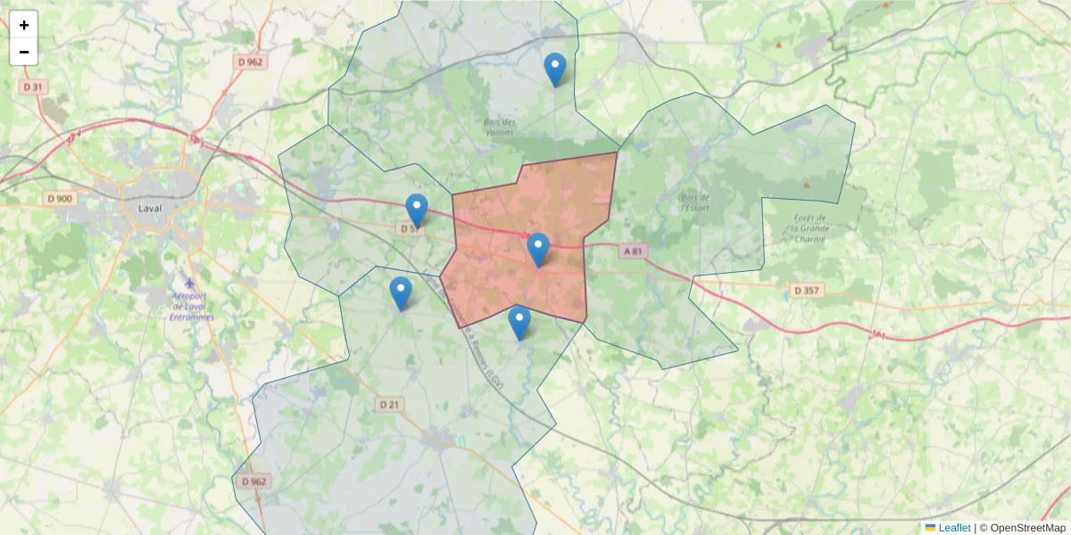 Carte de la zone du code postal  et des codes postaux voisins en France