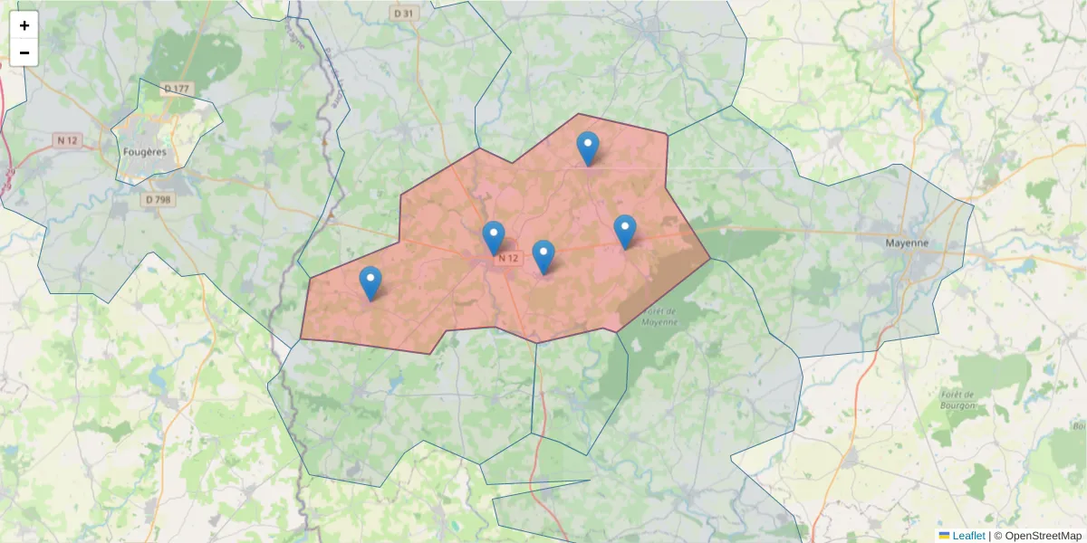 Carte de la zone du code postal  et des codes postaux voisins en France