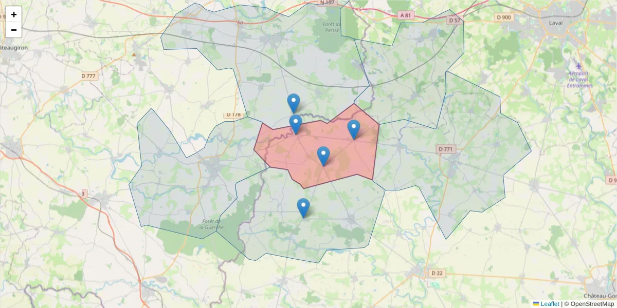 Carte de la zone du code postal  et des codes postaux voisins en France