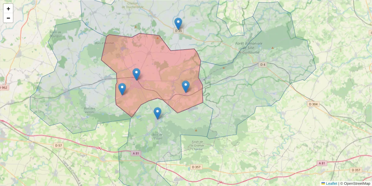 Carte de la zone du code postal  et des codes postaux voisins en France