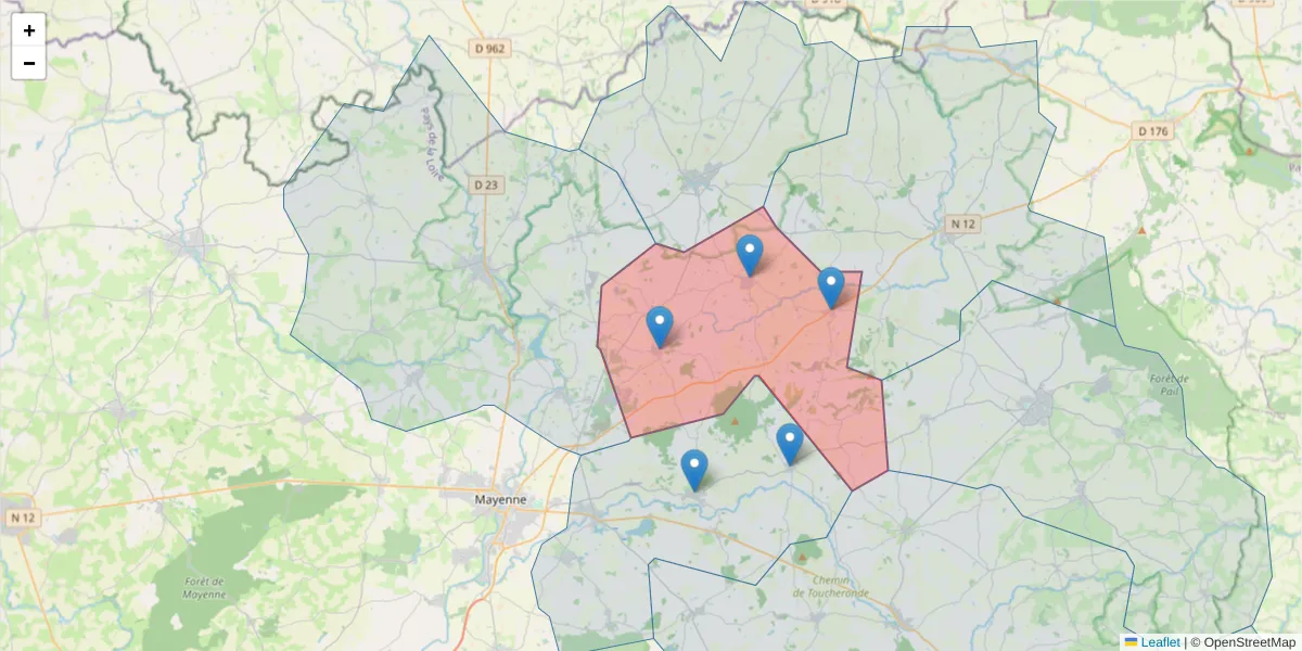 Carte de la zone du code postal  et des codes postaux voisins en France