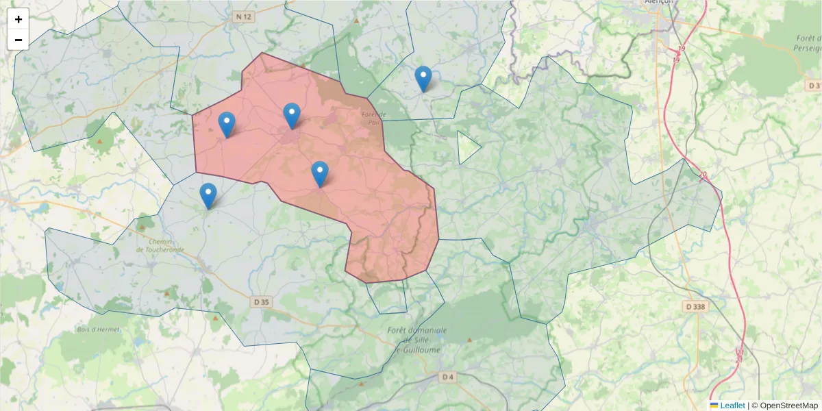 Carte de la zone du code postal  et des codes postaux voisins en France