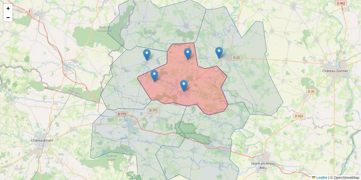 Carte de la zone du code postal  et des codes postaux voisins en France