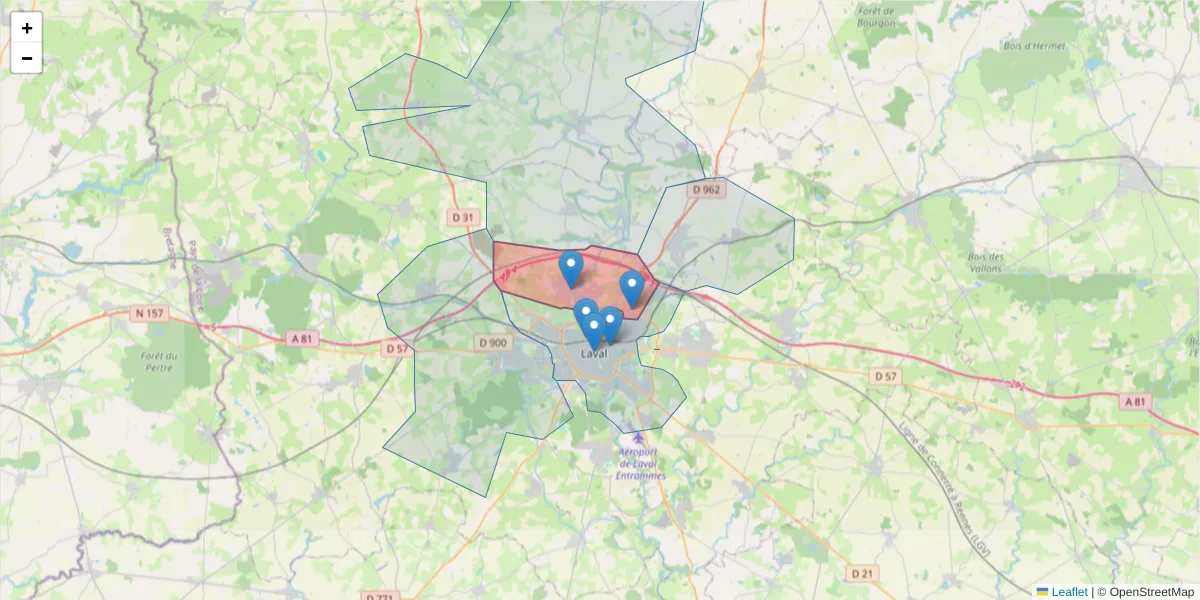 Carte de la zone du code postal  et des codes postaux voisins en France