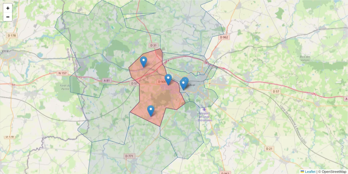 Carte de la zone du code postal  et des codes postaux voisins en France