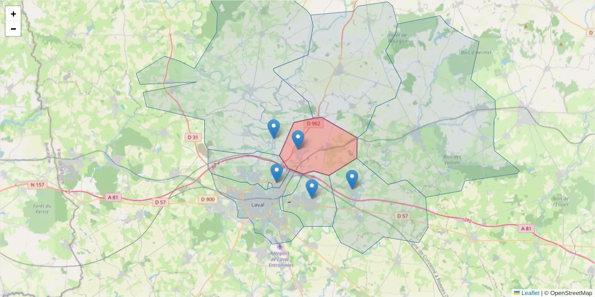 Carte de la zone du code postal  et des codes postaux voisins en France