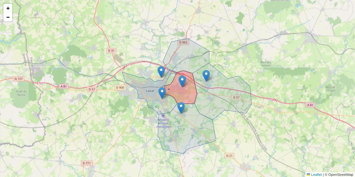 Carte de la zone du code postal  et des codes postaux voisins en France