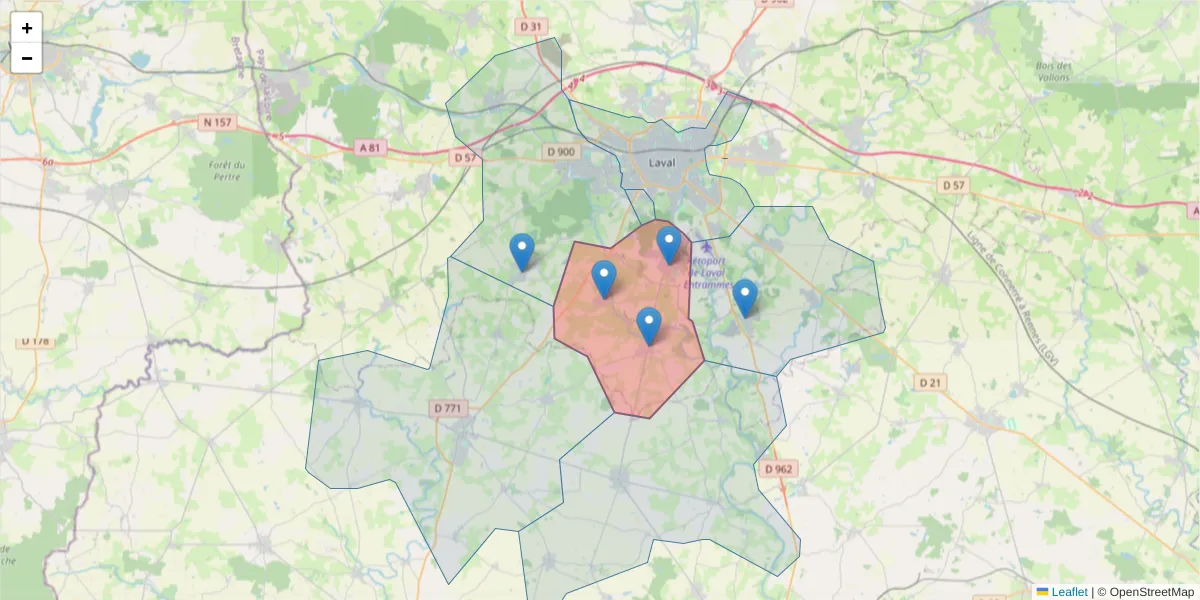 Carte de la zone du code postal  et des codes postaux voisins en France