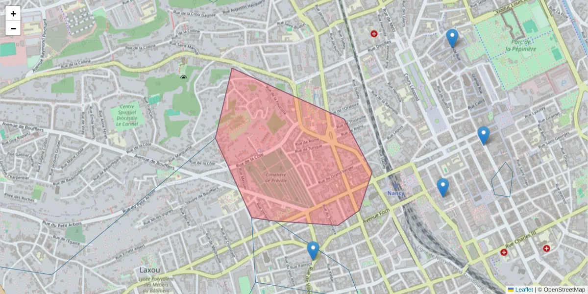 Carte de la zone du code postal  et des codes postaux voisins en France