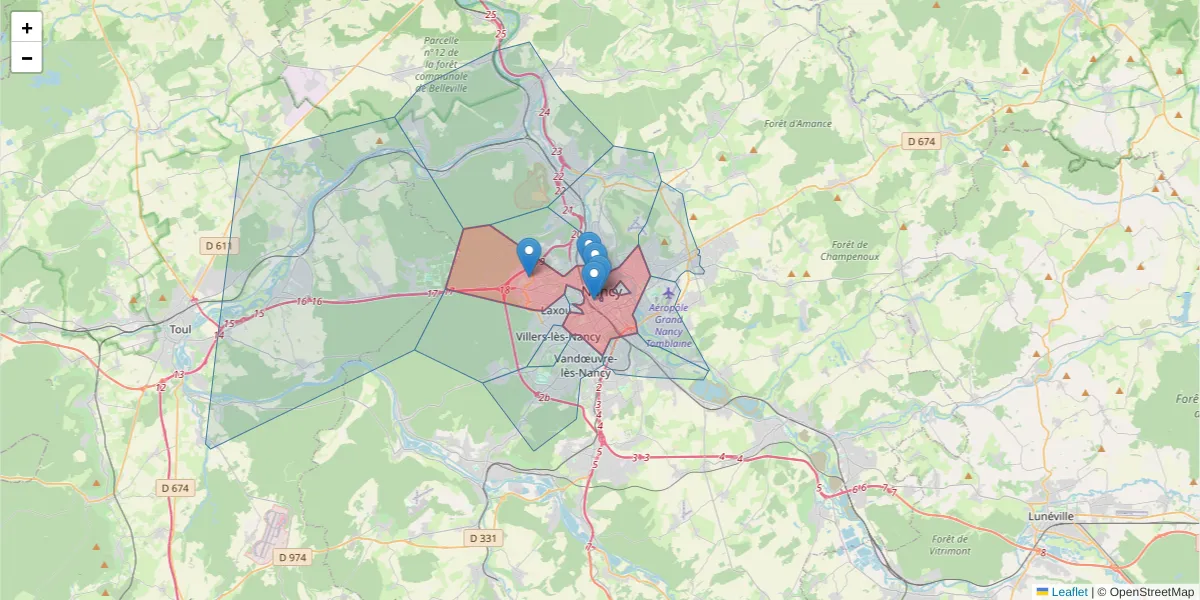 Carte de la zone du code postal  et des codes postaux voisins en France